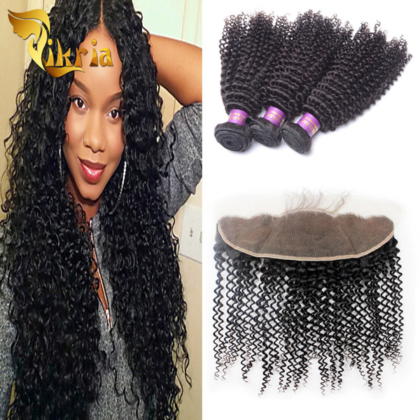 3pcs Brazilian Kinky Hair Wefts with 13x4 Lace Frontal Closure Malaysian Indian Peruvian Virgin Human Hair Bundles with Ear to Ear Frontal