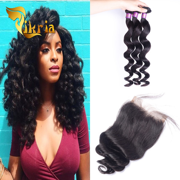 Human Hair 3 Bundles With 4x4 Weaves Closure Loose Wave Peruvian Virgin Hair Brazilian Indian Malaysian Crochet Hair Extensions