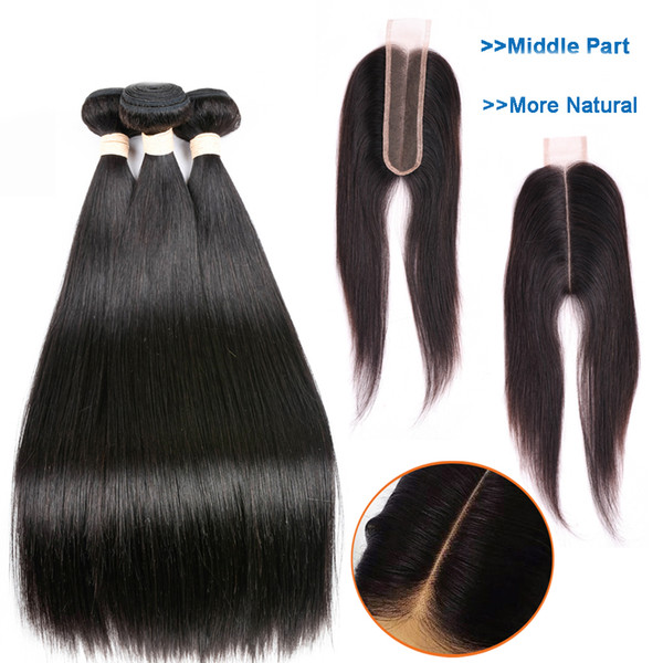 Brazilian Straight Hair Weave Bundles With Closure 2*6 Lace Closure With Human Hair Bundles Middle Part 9A Long Remy Hair Natural Black