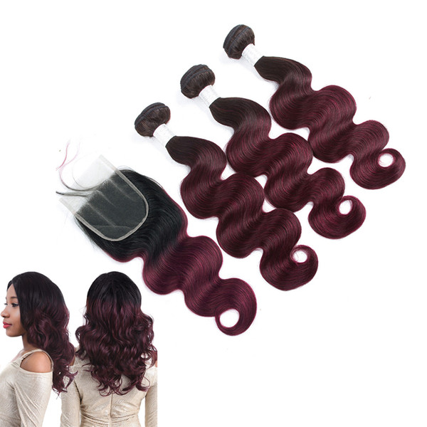 Peruvian Body Wave Bundles with Closure Ombre 1B/99J Bundles with Lace Closure 4x4 Free Part 9A Human Remy Hair