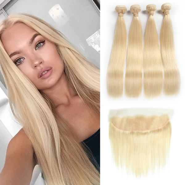 Blonde Bundles Hair Color #613 Ear to Ear 13x4 Lace Frontal Closure With 4 Bundles Brazilian Virgin Human Hair Blonde Weaves Extensions