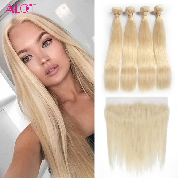 Straight Hair #613 Blonde Ear to Ear 13x4 Lace Frontal Closure With 4 Bundles Peruvian Virgin Human Hair Blonde Weaves Extensions