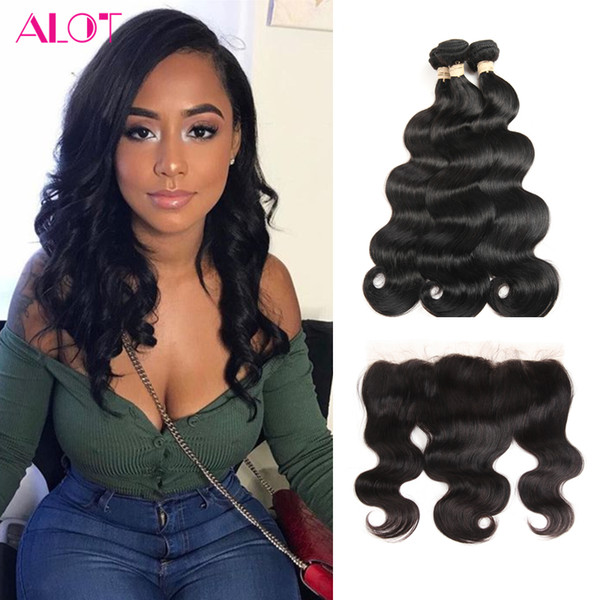 Brazilian Human Hair Body Wave 3 Bundles with Lace Frontal Ear to Ear Natural Black 13*4 Lace Frontal with Human Hair Weft