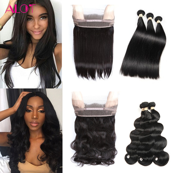 8A Grade Peruvian Virgin Hair Bundles Straight Body Wave 360 Lace Frontal with 3 Bundles 100% Unprocessed Virgin Human Hair Extensions