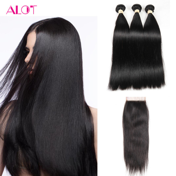 Brazilian Virgin Hair Bundles Straight Hair Weaves Human Hair with Closure Unprossced 3 Bundles with 4x4 Lace Closure Free Middle 3Part