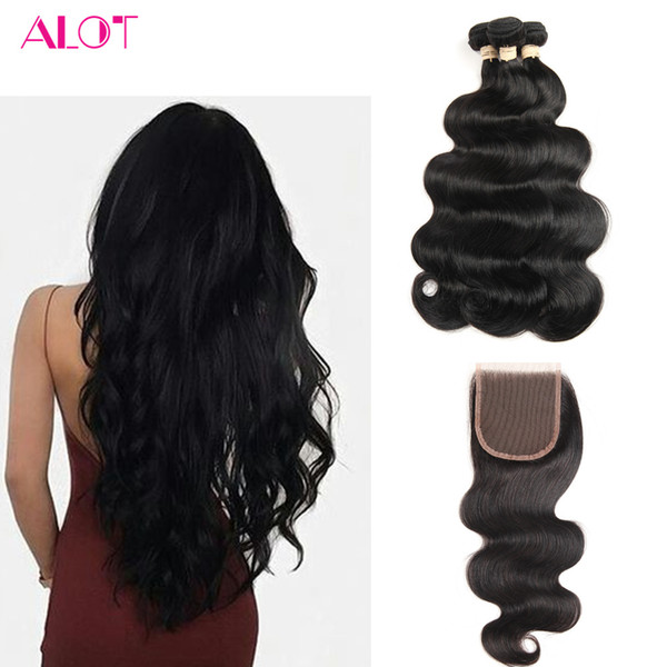 Brazilian Virgin Hair 3 Bundles with 4x4 Lace Closure Body Wave Hair Weaves 100% Unprocessed Brazilian Human Hair with Closure