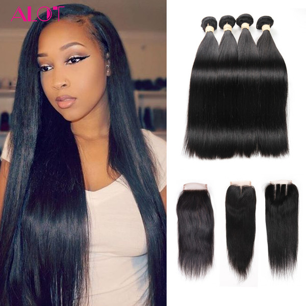 ALOT 2017 Indian Huanm Virgin Hair Bundles Straight Hair 4 Bundles With Closure 4x4 Lace Closure Three Middle Free Part