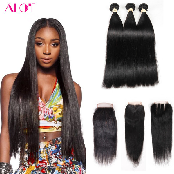 ALOT 2017 Peruvian Virgin Human Straight Hair 3 Bundles With Lace Top Closure 4x4 100% Virgin Hair Bundles with Closure