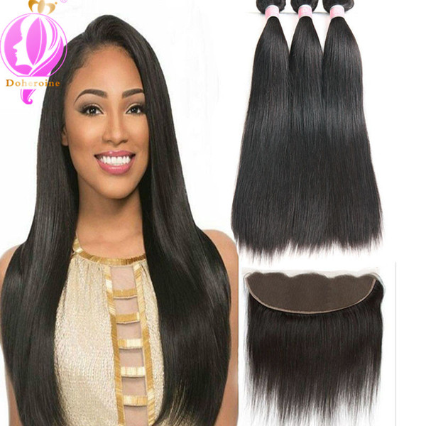 Brazilian Straight Human Hair Bundles with Frontal Virgin Hair 3 Bundles with 13*4Lace Frontal Hair Extensions Natural Color Wholesale price