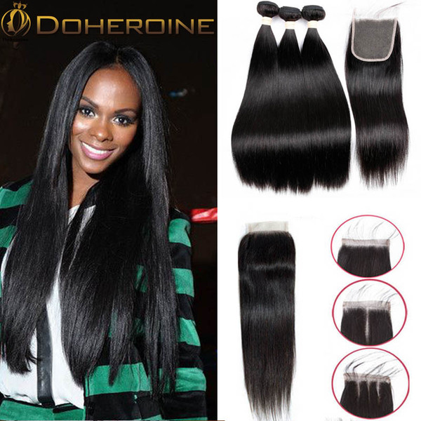 Brazilian Straight Hair 3 Bundles With Closure 100% Remy Human Hair Bundles With Closure 4*4 Middle Natural Black Remy Hair Extensions