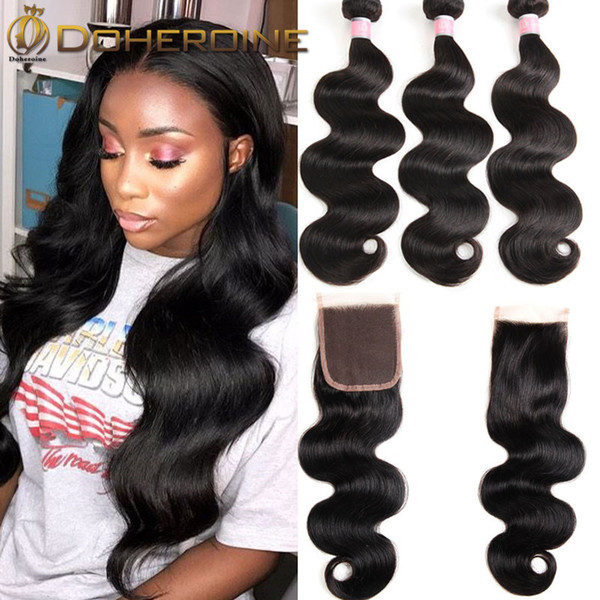 Brazilian Hair body Weave 3 Bundles With Lace Closure Free Part Body Wave Human Hair Bundles With Closure Non-remy free package