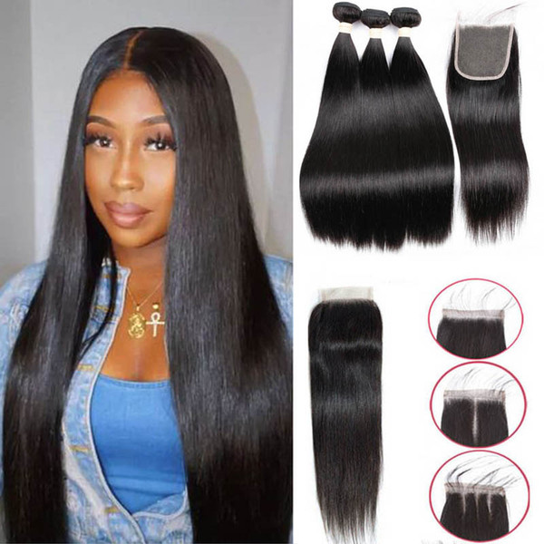 Brazilian Peruvian Human Hair 3 Bundles With 4*4 Lace Closure 100% Remy Straight Hair Weave Peruvian Straight Hair With Closure