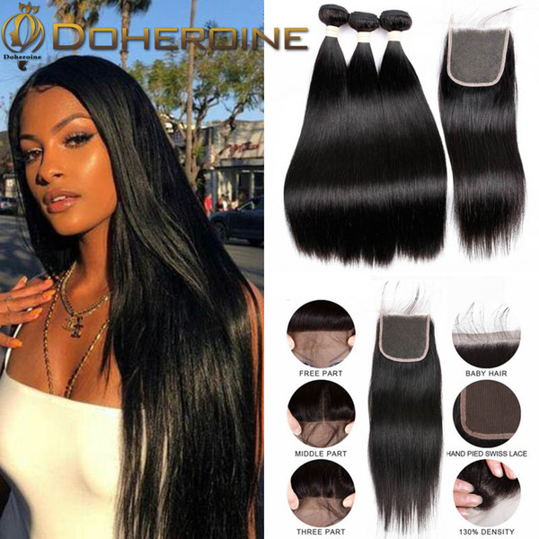 Brazilian Straight 100% Human Hair Bundles With Closure Brazilian Straight Hair Weave 3 Bundles Natural Black Remy Hair Extensions