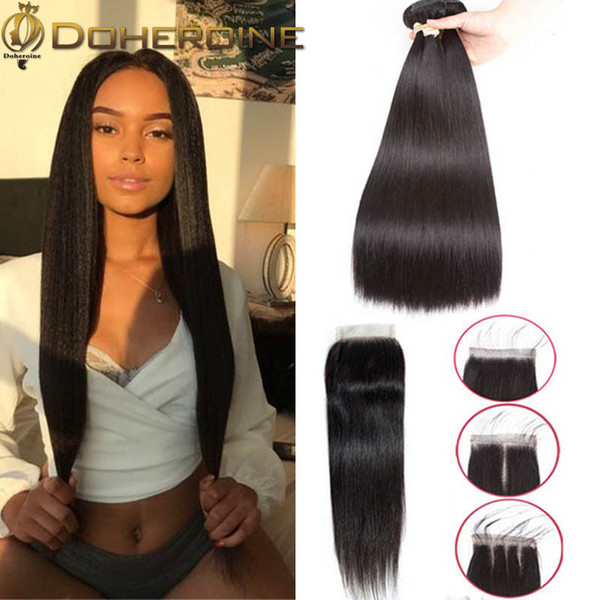 Brazilian Straight Human Hair 3Bundles With Closure Brazilian Straight Hair Weave 3 Bundles Natural Black Remy Hair Extensions