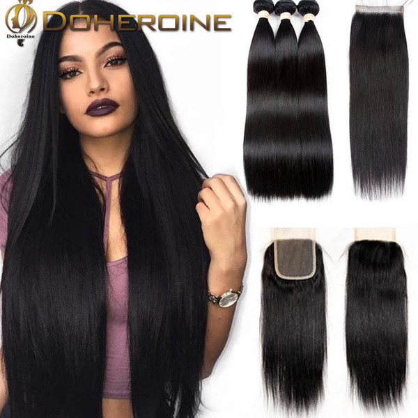 Peruvian Straight Human Hair 3 Bundles With Closure 100% Human Hair Bundles With 4*4 Lace Closure Hair Extension