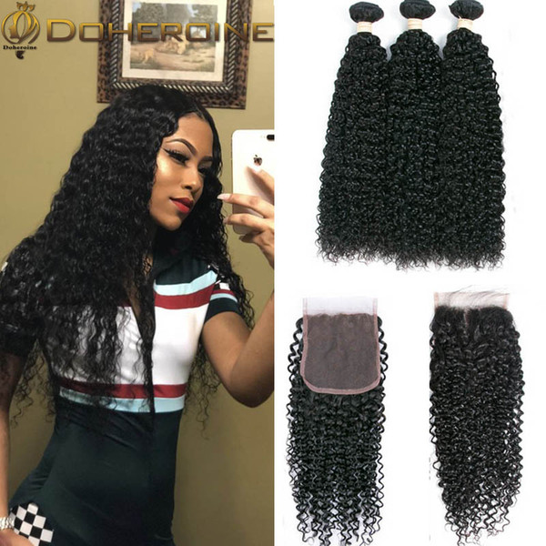 Doheroine Kinky Curly Bundles With Closure Brazilian Curly Hair Bundles Closure Human Hair Weave Bundles With Closure Hair Extensions