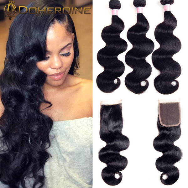 Brazilian Hair Weave 3 Bundles With Closure Body Wave 100% Human Hair Bundles With Closure NonRemy Human Hair Extension