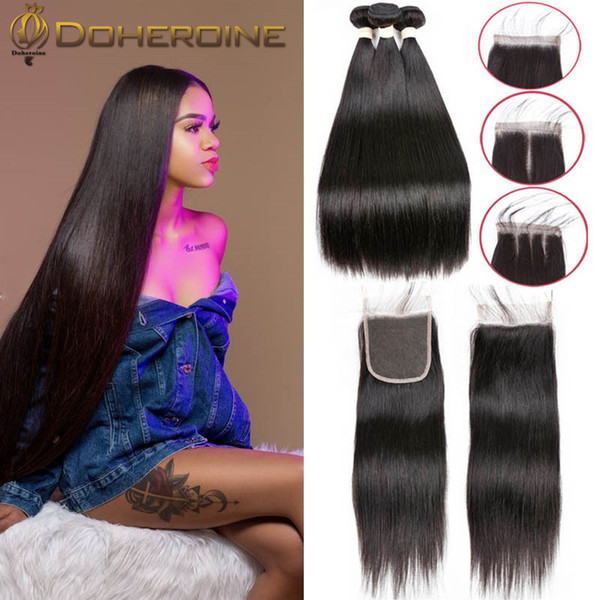 Brazilian Straight Hair Weave Bundles with Closure Natural Black Remy Human Hair 3 Bundles with Lace Closure