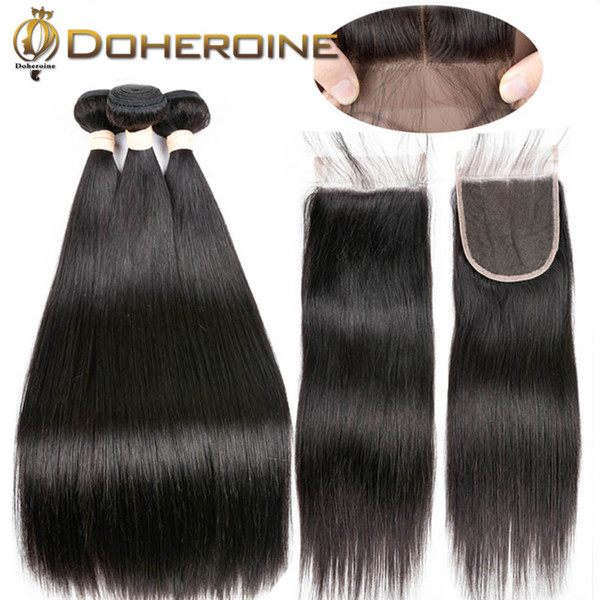 Brazilian Straight Human Hair Bundles With Closure Natural Color 3 Bundles With Closure Hair Weave 