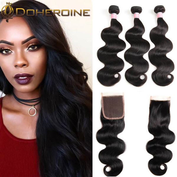 Brazilian Body Wave Virgin Hair Bundles With Closure 4PCS Human Hair Bundles With Closure 8-26 