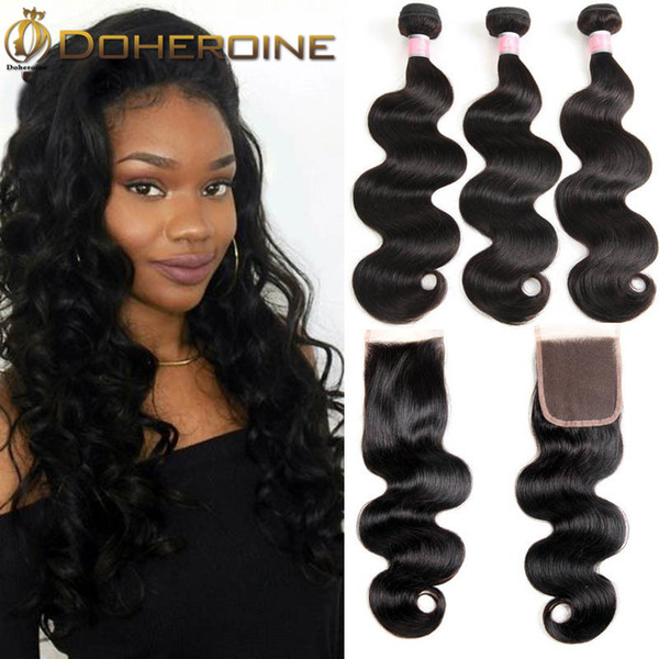 Brazillian Hair 3 Bundles Peruvian Body Wave With Lace Closure Double Weft Remy Human Hair Bundles With Closure