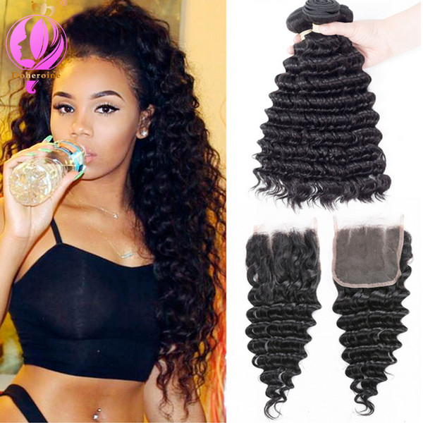 Brazilian Deep Wave 100% Human Hair With Closure 3 or 4 Bundles With Closure None Remy Hair Weave Extensions Can Be Dye