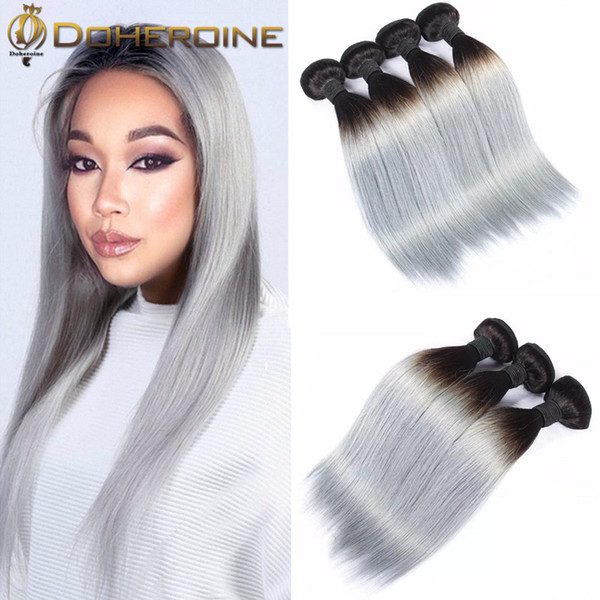 Brazilian Straight Granny grey Hair Non Remy Human Hair Straight 3/4 Bundles Ombre Hair Extension REINE 