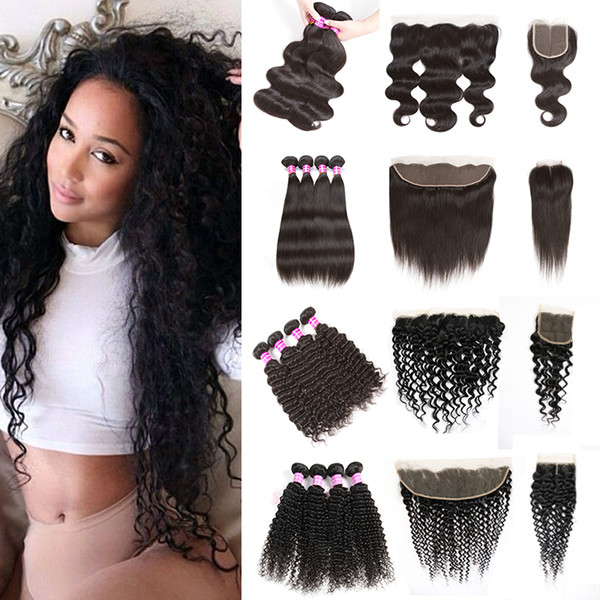 Peruvian Hair Lace Frontal with Bundles Body Wave Straight Kinky Curly Human Hair Weave Water Wave Hair 4 Deep Curly Bundles with Closure