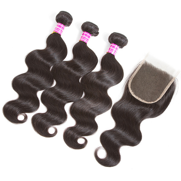 hot sale brazilian virgin hair 3 bundles body wave straigh with middle free part 4x4 lace closure human hair weave 10-26 inch