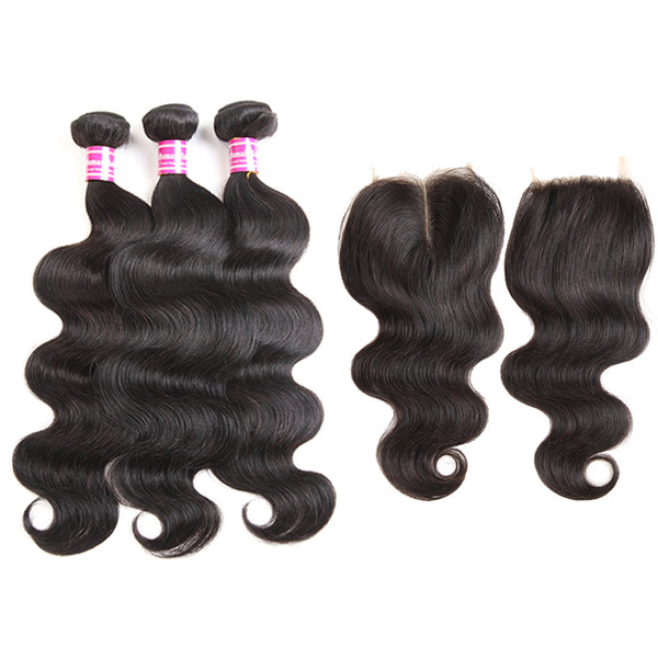 8A brazilian virgin human hair wefts with closure 3 bundle body wave weave and 4x4 free middle part lace closure