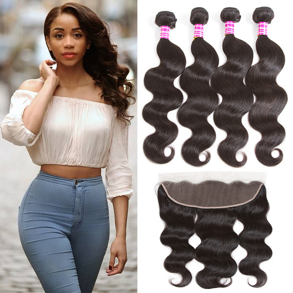 Hot Brazilian Human Hair Extensions Body Wave 4 Bundles With 13x4 Lace Frontal 100% Unprocessed Malaysian Indian Brazilian Hair Weave