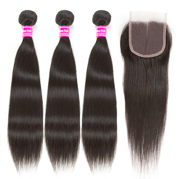 brazilian virgin hair 3 bundles wefts with closure body wave straight and 4x4 lace closure 100% unprosessed human hair weave