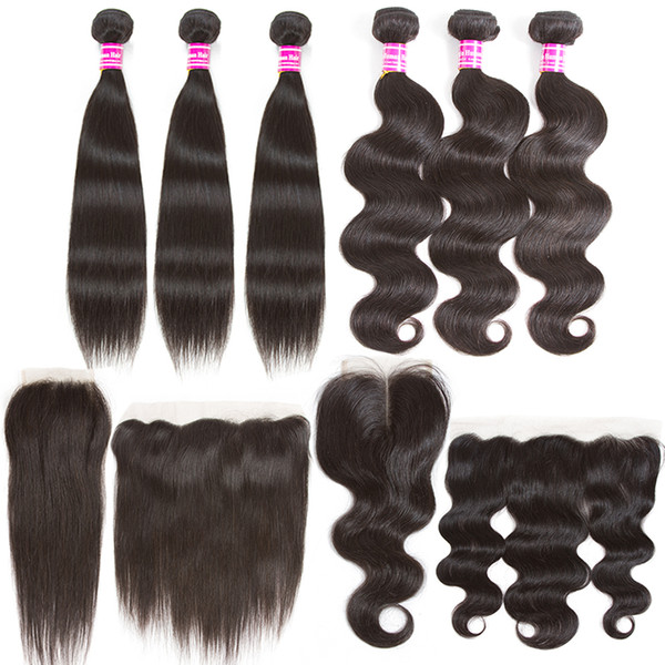 straight body wave brazilian virgin hair 3 bundle and 4x4 lace closure or 13x4 Lace Frontal Ear to Ear Lace Frontal