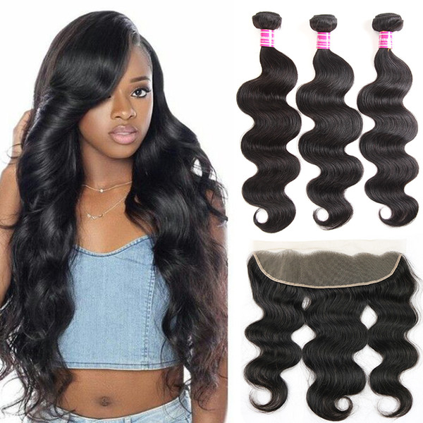 Brazilian virgin human hair Body Wave with lace frontal closure 4 bundles with 13x4 Full Ear To Ear Remy Human Hair Extensions