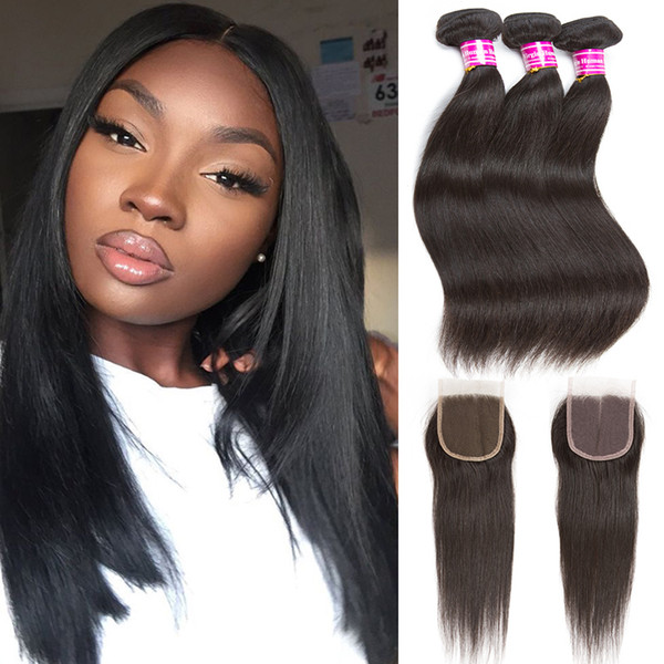 Malaysia Straight Virgin Hair Bundles Extensions 10A Unprocessed Straight Virgin Human Hair 3 Bundles with 4x4 Lace Closure for Black Women