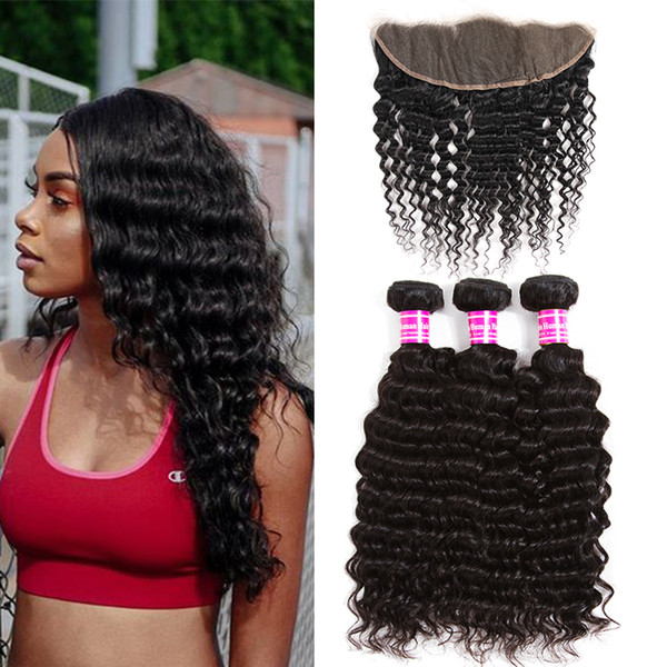 Glary Brazilian Human Hair Extensions Weft Deep Wave 3 Bundles With 13x4 Lace Frontal Hair Weaves Hair Bundles With Frontal