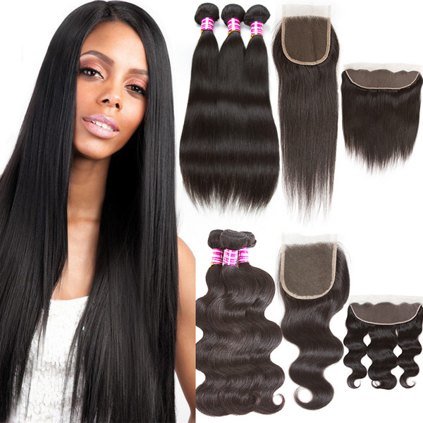 10A Unprocessed Straight Lace Frontal with Bundles Brazilian Body Wave Virgin Hair Bundles with Closures Peruvian Human Hair Extensions