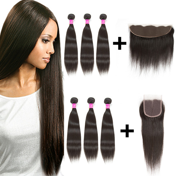 hot unprocessed brazilian virgin hair straight wefts 3 bundles with 13x4 lace frontal or 4x4 lace closure human hair weave