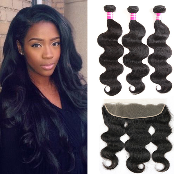 100% brazilian virgin human hair Body Wave Bundles with 13x4 lace frontal closure Full Ear To Ear Remy Human Hair Extensions