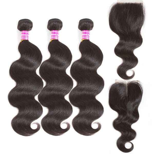 8A brazilian virgin hair extensions with closure 3bundle body wave straight weave with 4x4 middle free part lace closure 10- 22inch