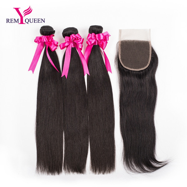 Dream Remy Queen Brazilian Unprocessed Virign Human Hair 3 Bundles With one Free Part Closure Silky Straight Mixed Length 4pcs/lot