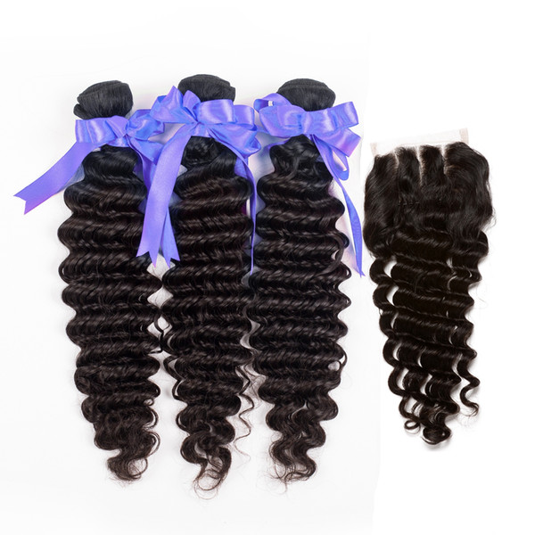 Dream Remy Queen Indian Human Hair Top Quality Natural Color Deep Wave 3 Bundles With Closure Three Part 4x4 Swiss Lace