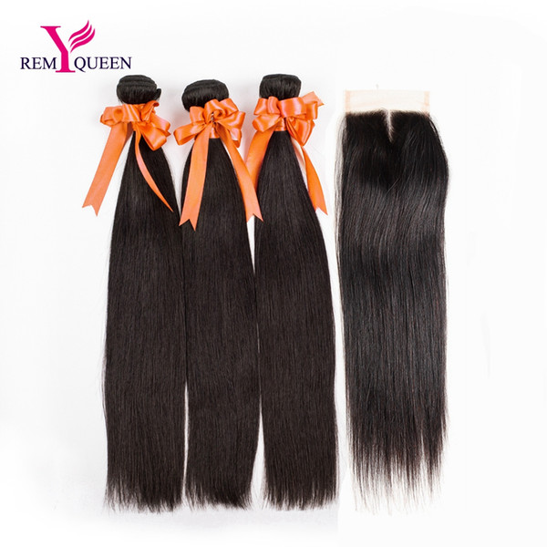 Dream Remy Queen Malaysian Virgin Hair Straight Natural Black 3 Bundles With Middle Part 4*4 Lace Closure Factory Outlet Free