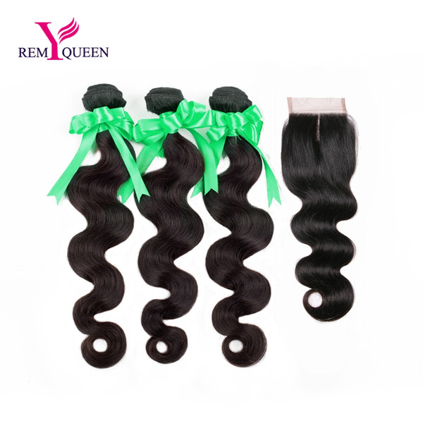 Dream Remy Queen Natural Color Peruvian Human Hair Extension Body Wave Bundle With Three Part Lace Closure Deals Swiss Lace 4x4 Inch