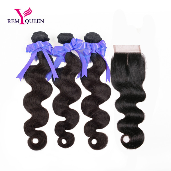 Dream Remy Queen Grade 8A Indian Virgin Human Hair Body Wave 3 Bundles with Closure Middle Part 4x4 Swiss Lace Natural Color Hair Extension