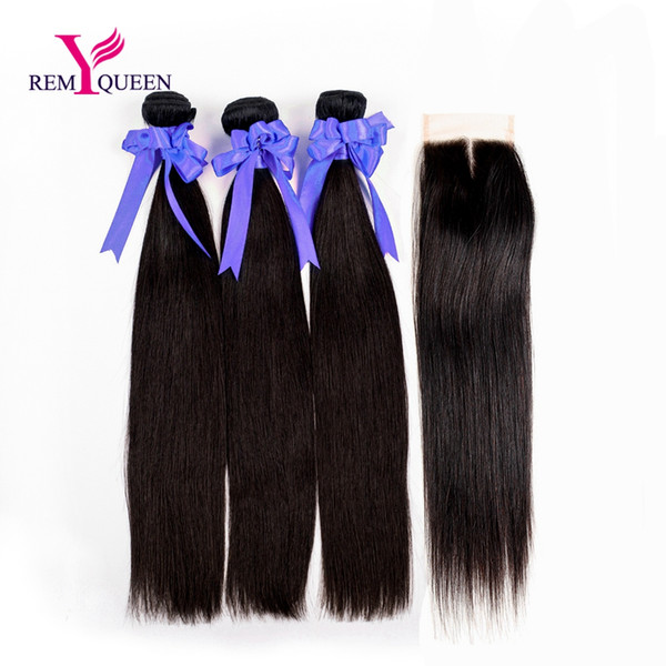 Dream Remy Queen Indian Human Virgin Hair Natural Color Straight 3 Bundles With Middle Part Closure 4x4 Swiss Lace Hand Tied Cheaper Price