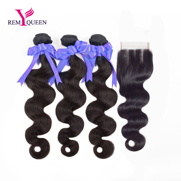 Dream Remy Queen Grade 8A Body Wave 3 Bundles With Closure Three Part 4x4 Lace Indian Virgin Human Hair No Tangle No Shedding