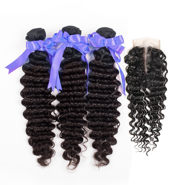 Dream Remy queen Grade 8A Indian virgin hair Deep wave 3 Bundles with Middle part 4*4 Lace Closure Factory Outlet