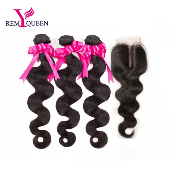 Dream Remy Queen Brazilian Natural Color Virgin Hair Body Wave 3 Bundles With Hand Tied Middle Part Closure 4x4inch Factory Outlet