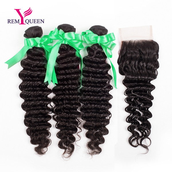 Dream Remy Queen Peruvian Deep Wave Virgin Human Hair Natural Black 8A Grade 3 Bundles With Free Part 4*4 Lace Closure Top Unprocessed Hair